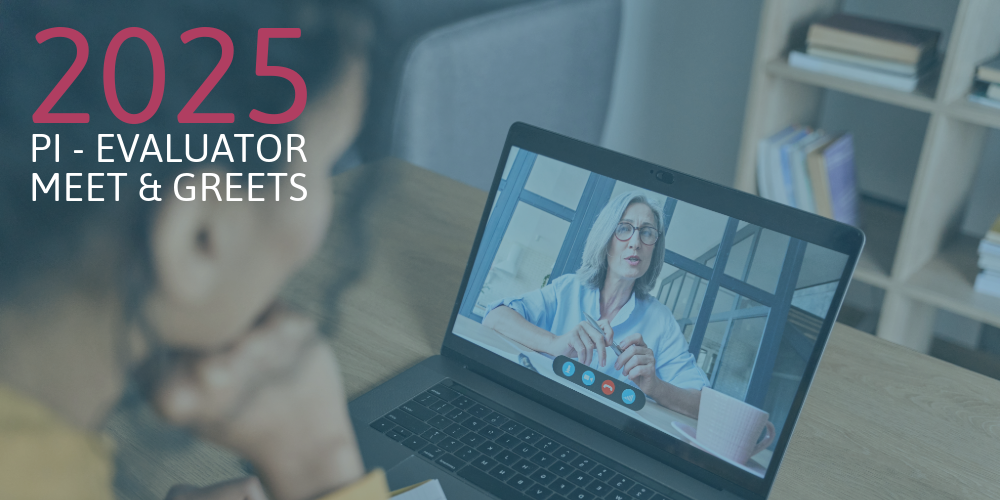 Image of two people video conferencing with text 2025 PI-Evaluator Meet & Greets 